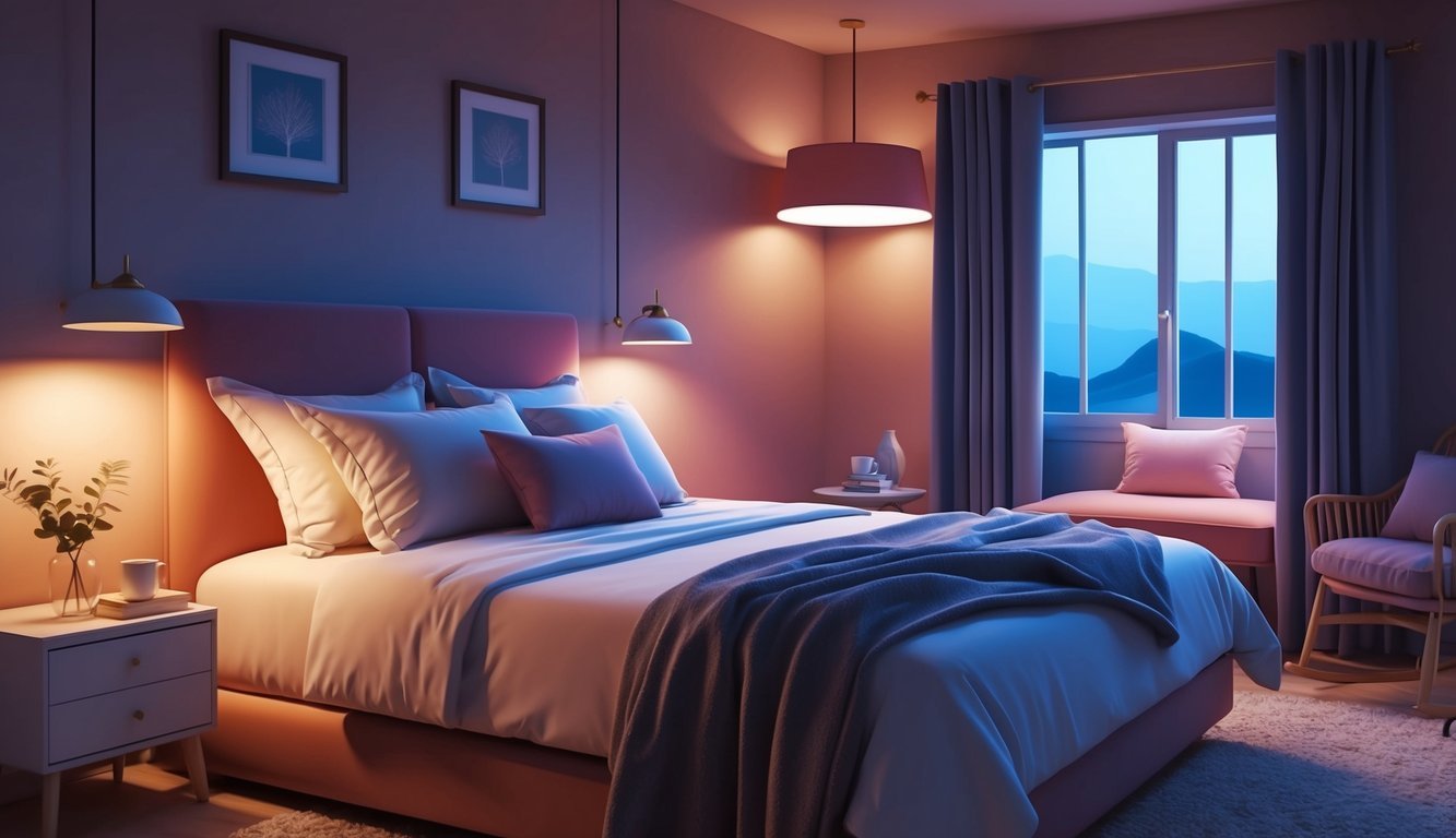 A cozy bedroom with a comfortable bed, soft pillows, and dim lighting to promote relaxation and restful sleep