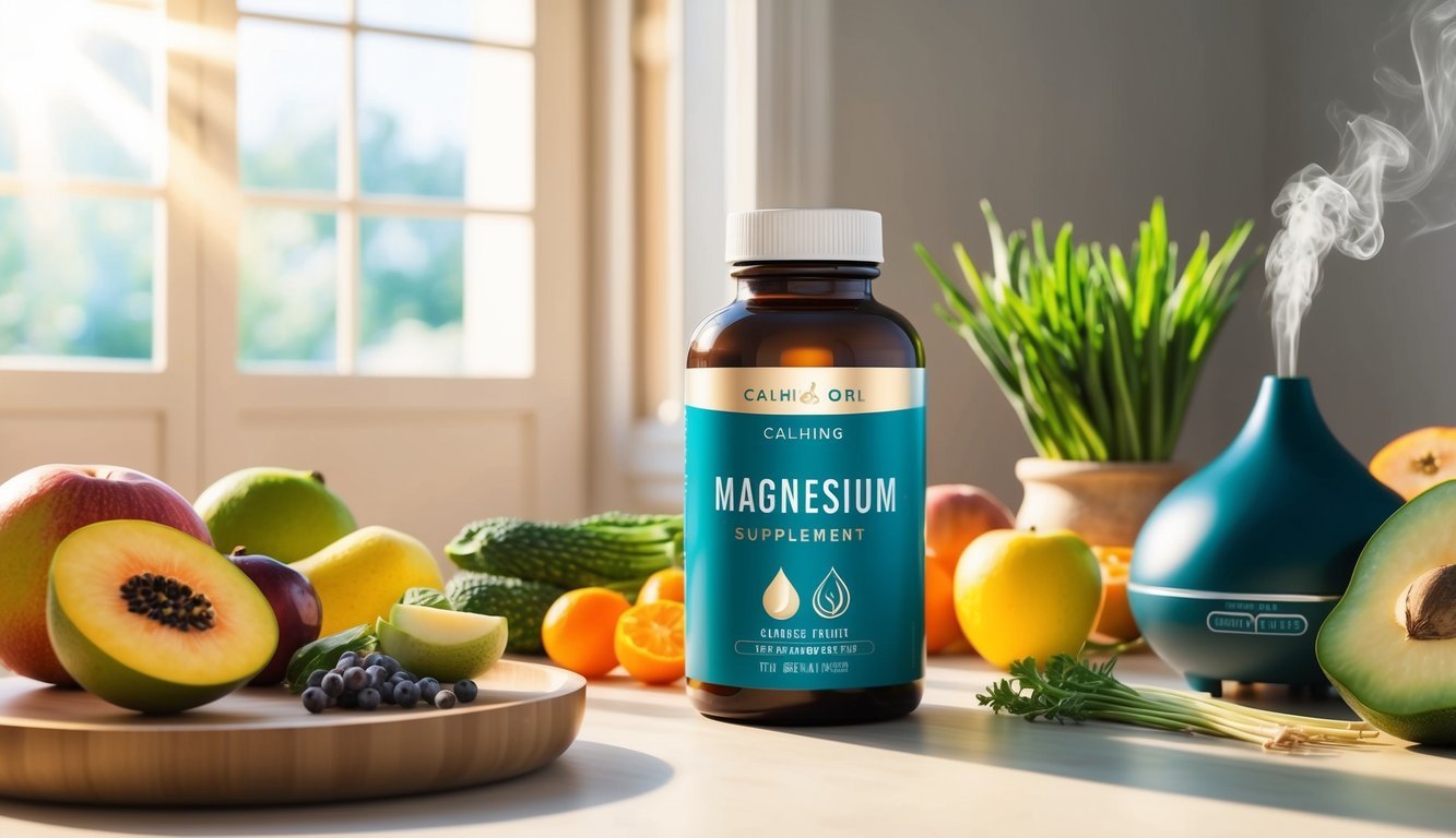 A serene, sunlit room with a bottle of magnesium supplements on a table, surrounded by fresh fruits, vegetables, and a calming essential oil diffuser