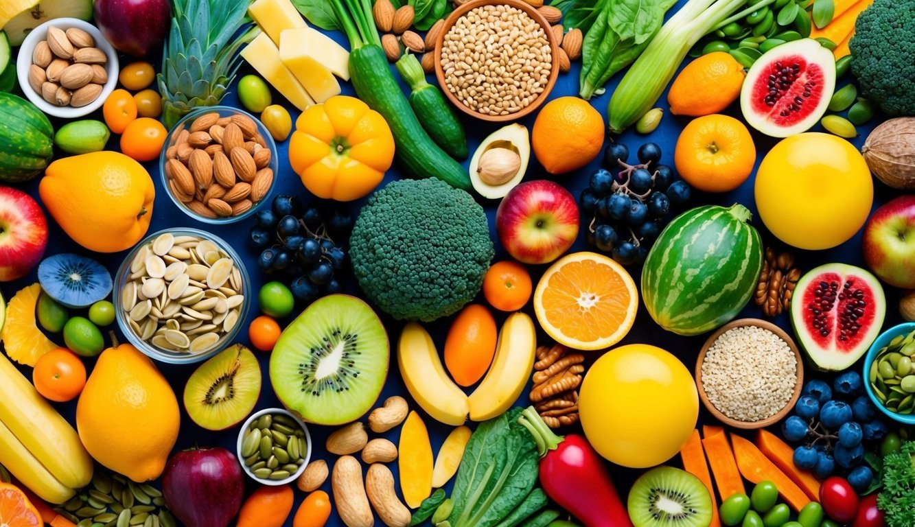 A colorful array of fruits, vegetables, nuts, and seeds arranged in a vibrant and inviting display, evoking the idea of natural and healthy collagen-boosting foods