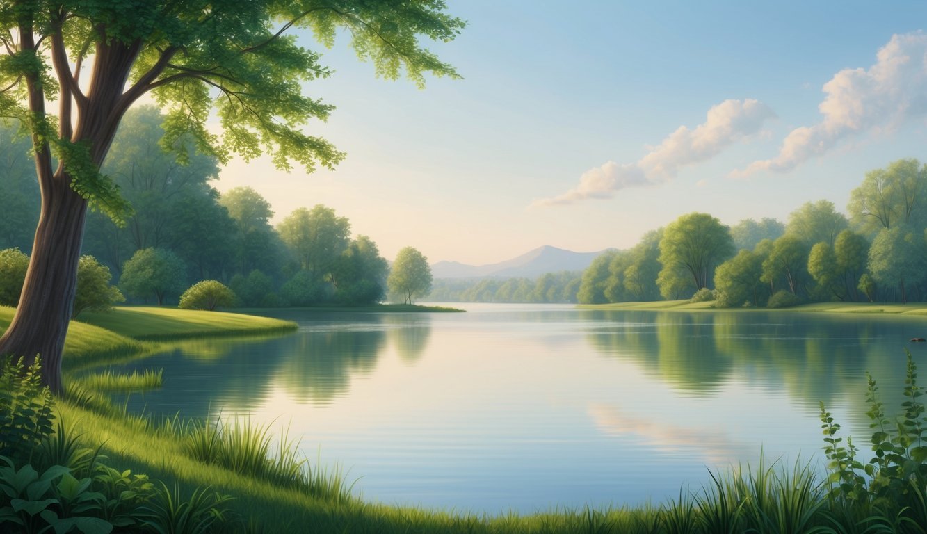 A serene nature scene with a calm, still body of water surrounded by lush greenery and peaceful, clear skies