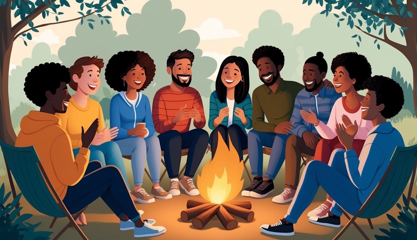 A group of diverse friends gather around a cozy campfire, sharing laughter and support.</p><p>The serene setting includes a calming nature backdrop and warm, comforting lighting