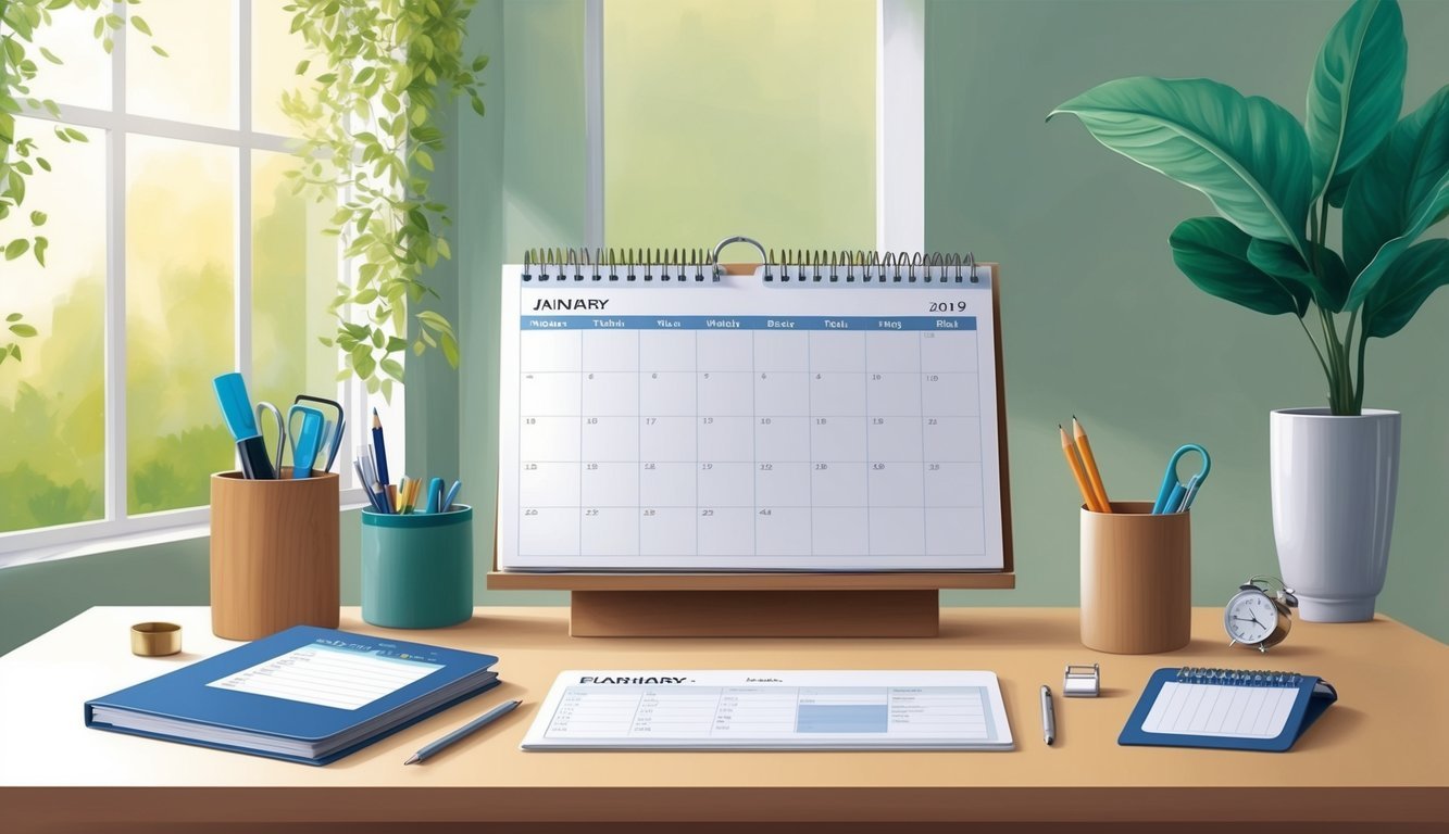 A serene desk with a calendar, planner, and various organizational tools.</p><p>A peaceful environment with natural lighting and greenery