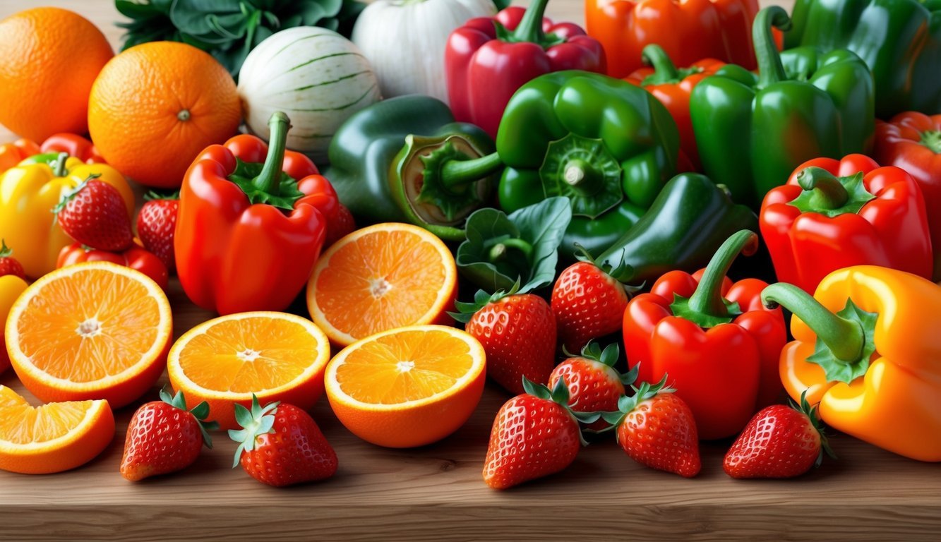 A colorful array of fruits and vegetables, such as oranges, strawberries, and bell peppers, displayed on a wooden table