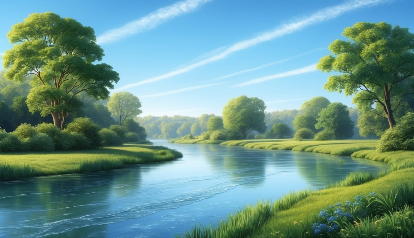 A serene nature scene with a calm, flowing river, lush greenery, and a clear blue sky, evoking a sense of peace and tranquility