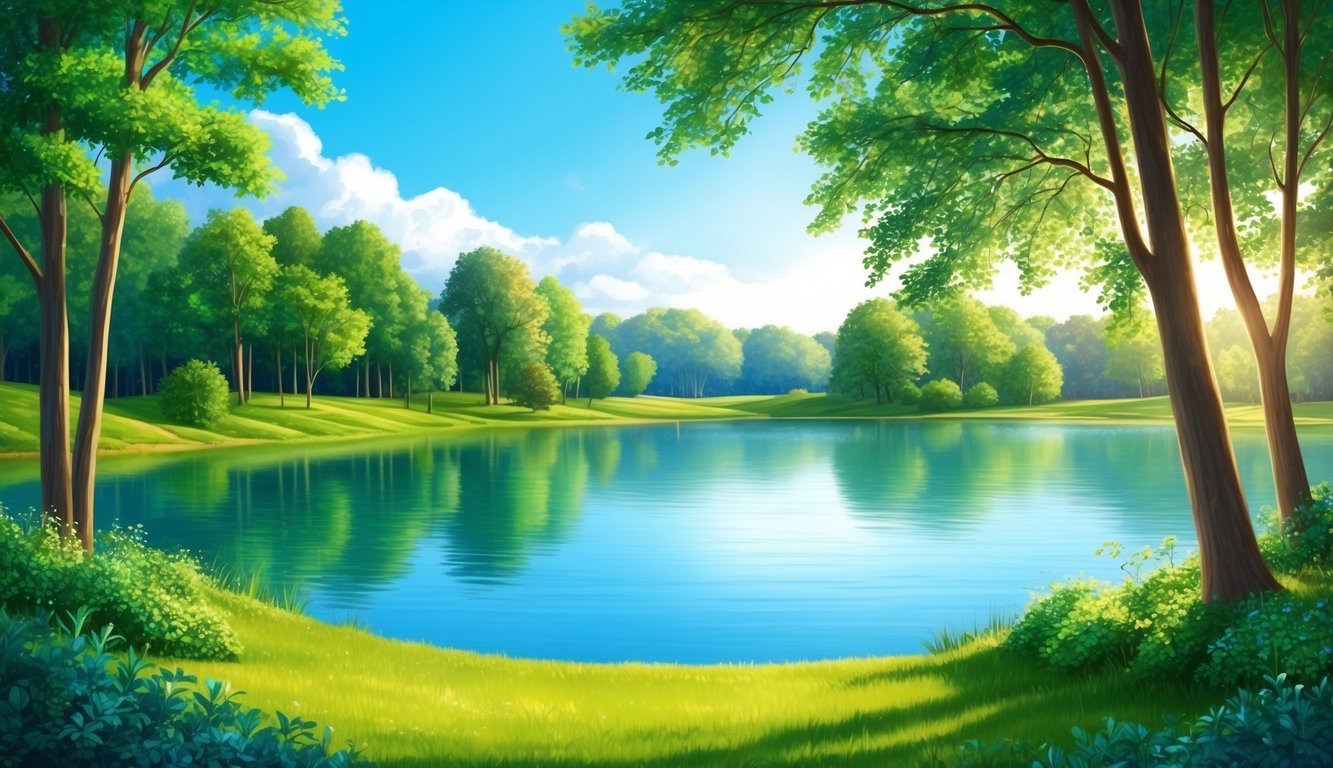 A serene nature scene with a peaceful lake surrounded by lush greenery, a clear blue sky, and gentle sunlight filtering through the trees