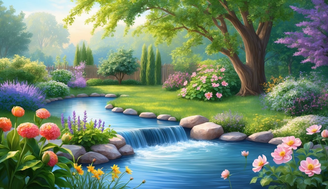 A serene outdoor setting with a peaceful garden, gentle flowing water, and blooming flowers, surrounded by calming nature sounds