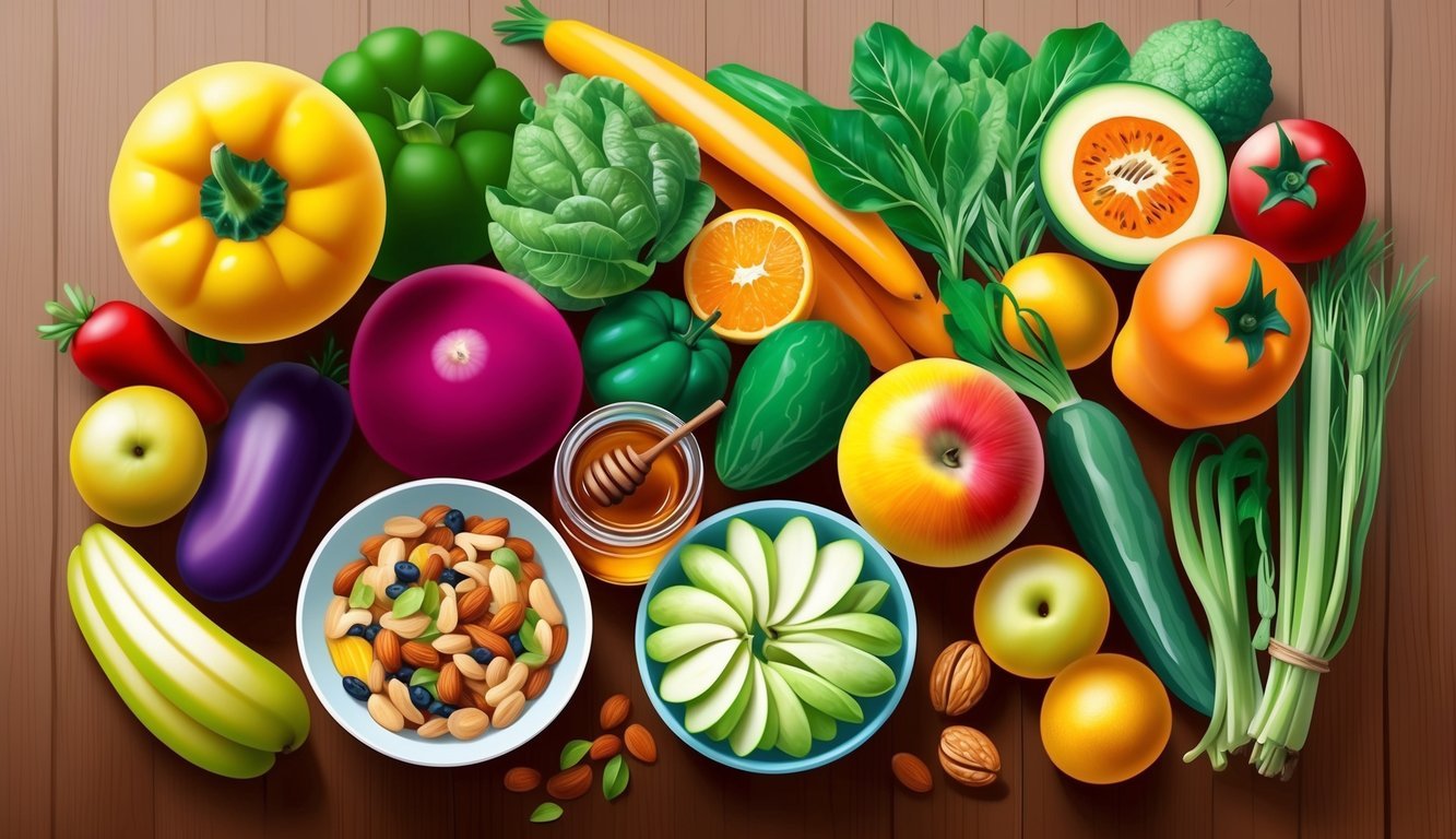 A colorful array of fresh fruits and vegetables, a jar of honey, and a bowl of nuts and seeds on a wooden table