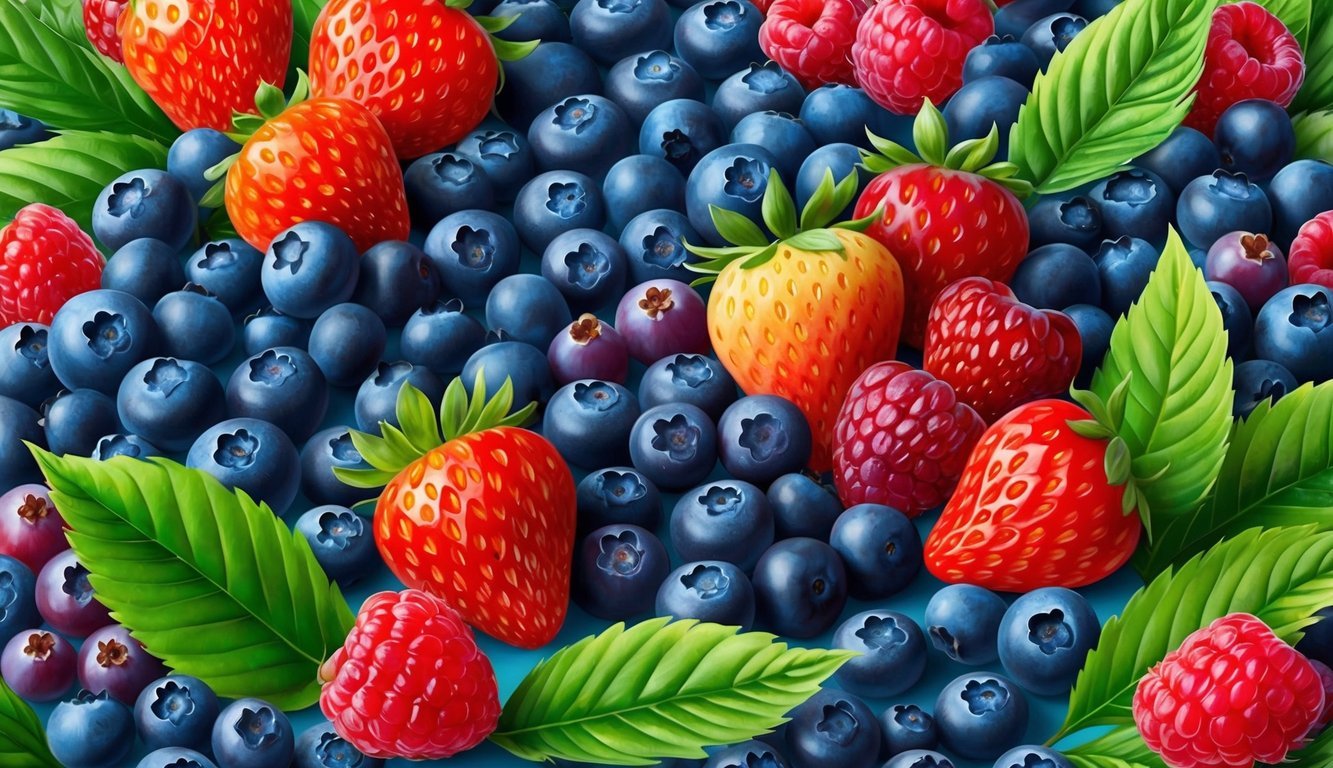 A vibrant assortment of berries, such as blueberries, strawberries, and raspberries, arranged in a colorful display with green leaves