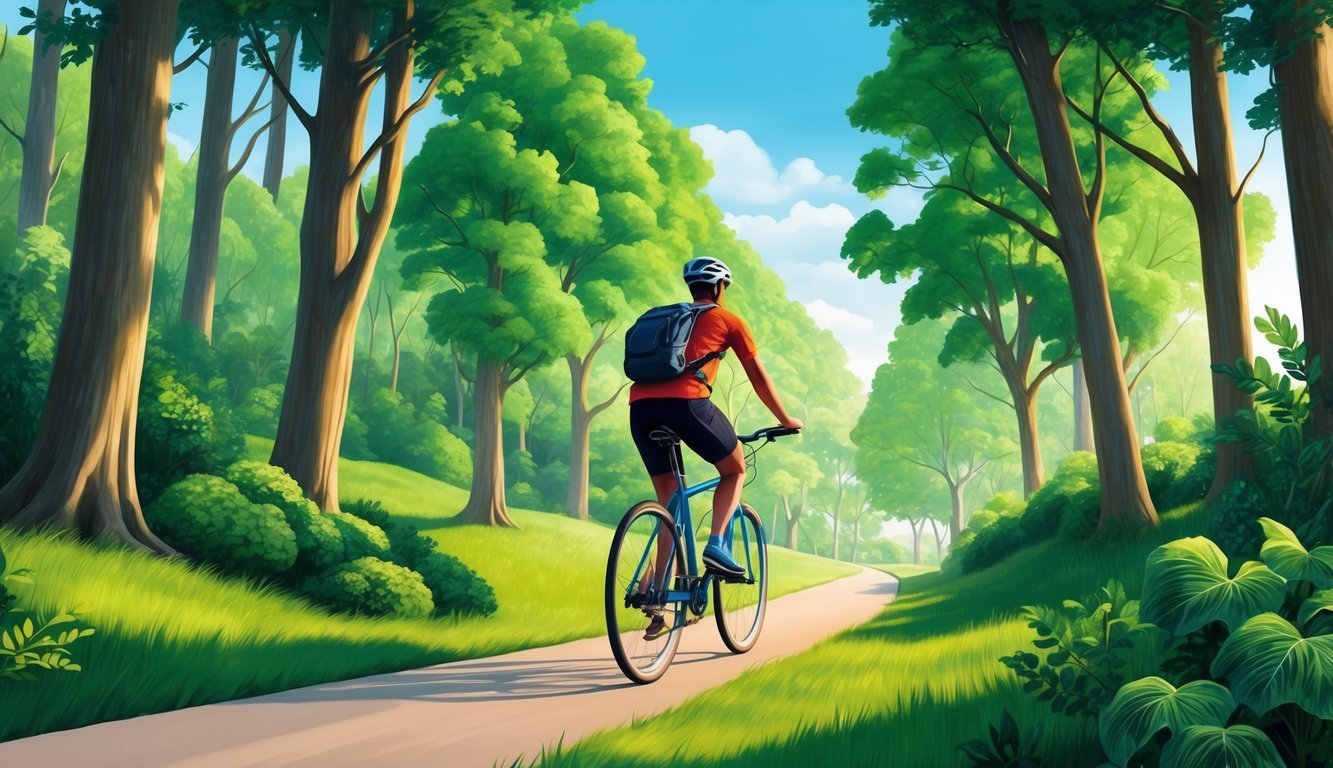 A person riding a bicycle through a lush green forest, surrounded by clean air and clear skies