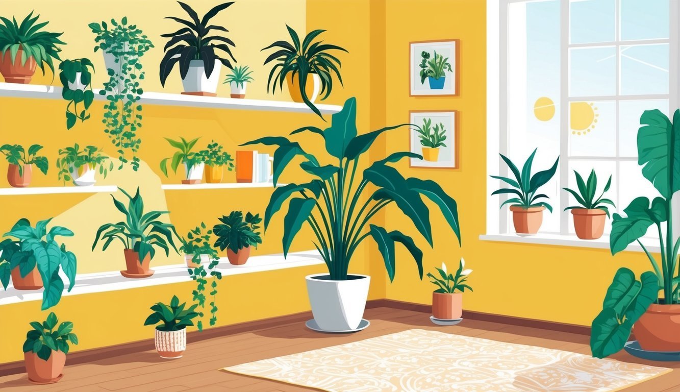 A sunny living room with spider plants on shelves and windowsills, creating a healthy and vibrant atmosphere