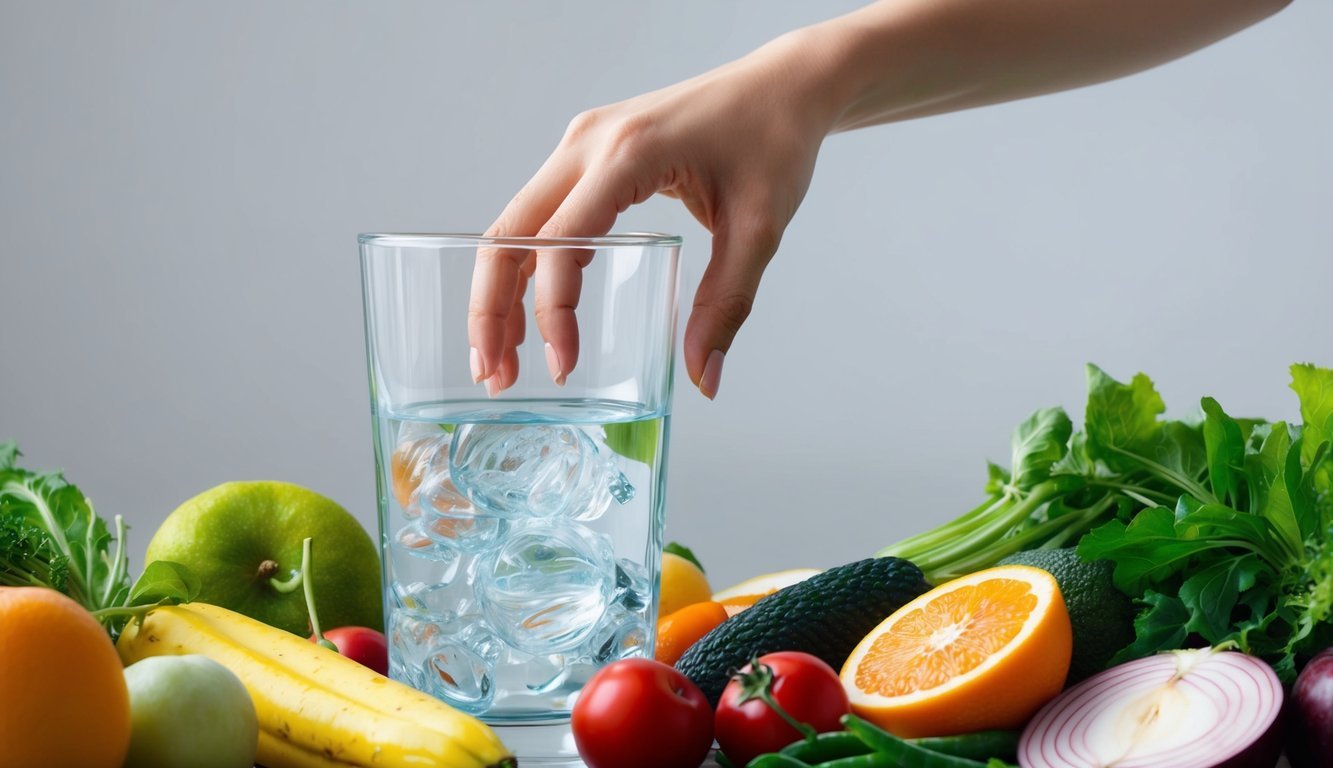 A woman's hand reaching for a glass of water, surrounded by various fruits and vegetables