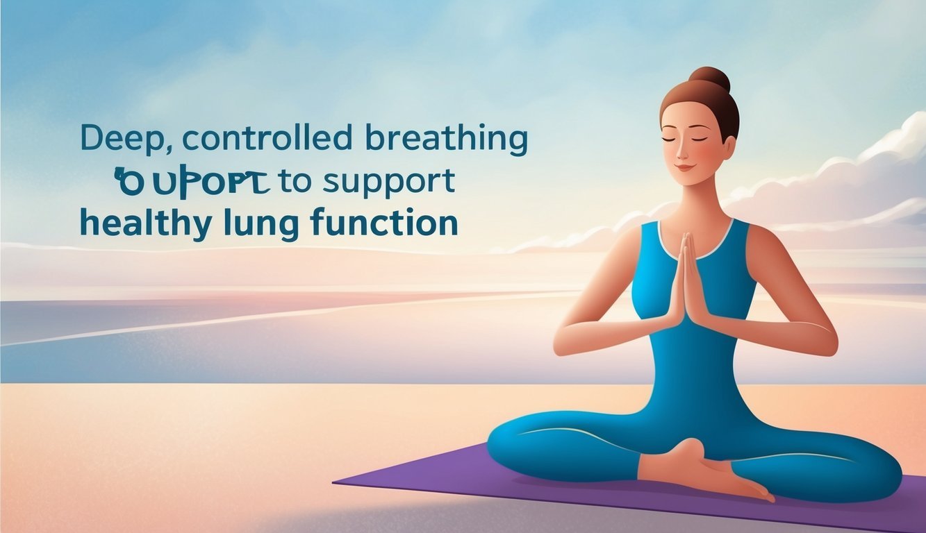 A serene figure practices yoga in a peaceful, open space, focusing on deep, controlled breathing to support healthy lung function