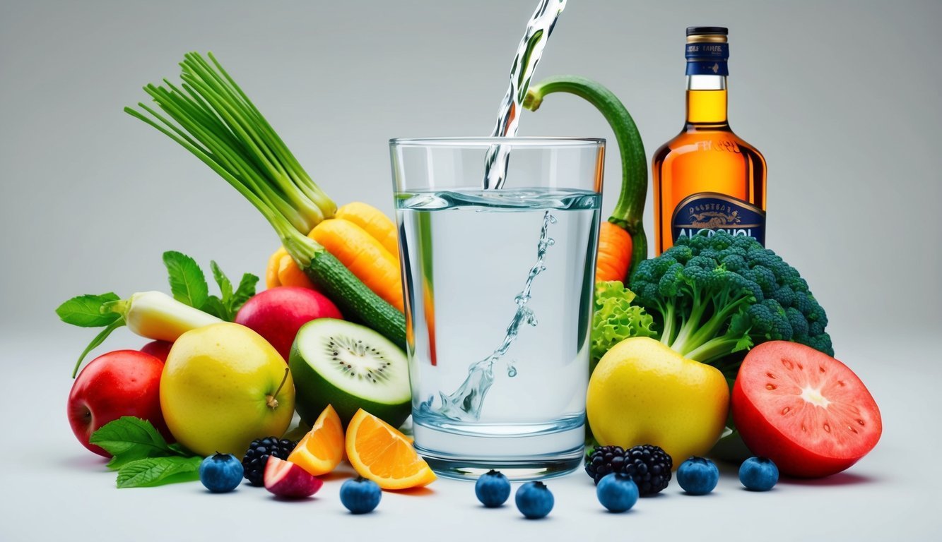 A clear glass of water surrounded by fresh fruits and vegetables, with a bottle of alcohol placed out of reach