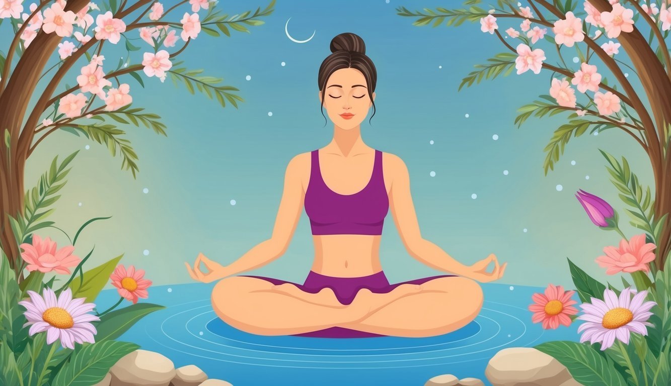 A serene woman in a peaceful setting, surrounded by natural elements like flowers and water, practicing mindfulness meditation