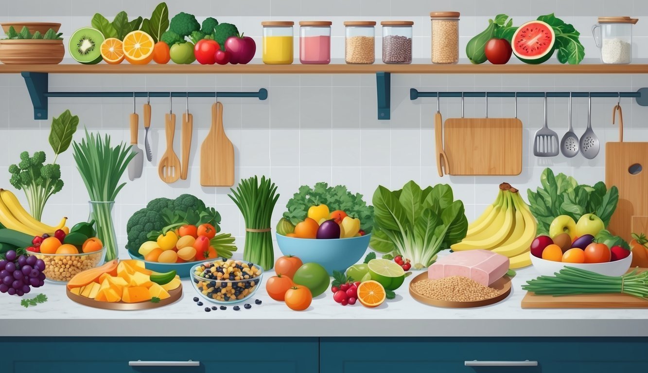 A kitchen counter with a variety of colorful fruits, vegetables, whole grains, and lean proteins arranged neatly in a balanced manner