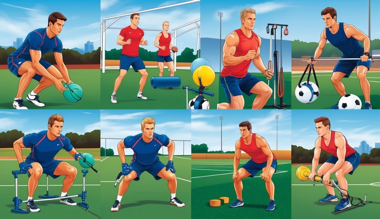 Athletes training outdoors in various sports settings, utilizing equipment and techniques to enhance performance