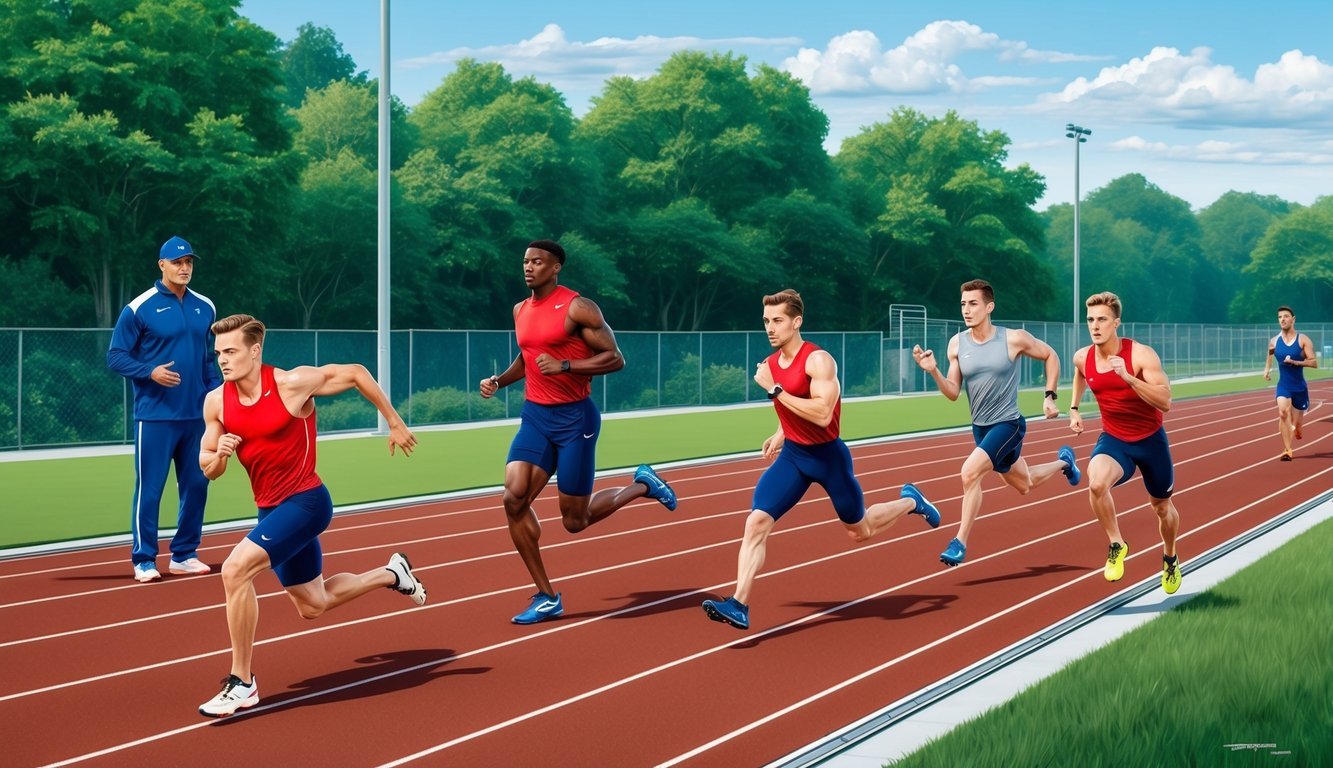 A track surrounded by lush greenery, with athletes sprinting and doing high-intensity workouts, while a coach observes and gives instructions