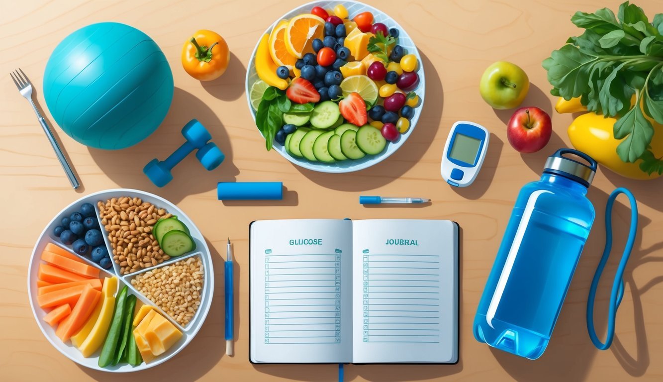 A table with a variety of healthy foods, a glucose meter, exercise equipment, a water bottle, and a journal for tracking blood sugar levels