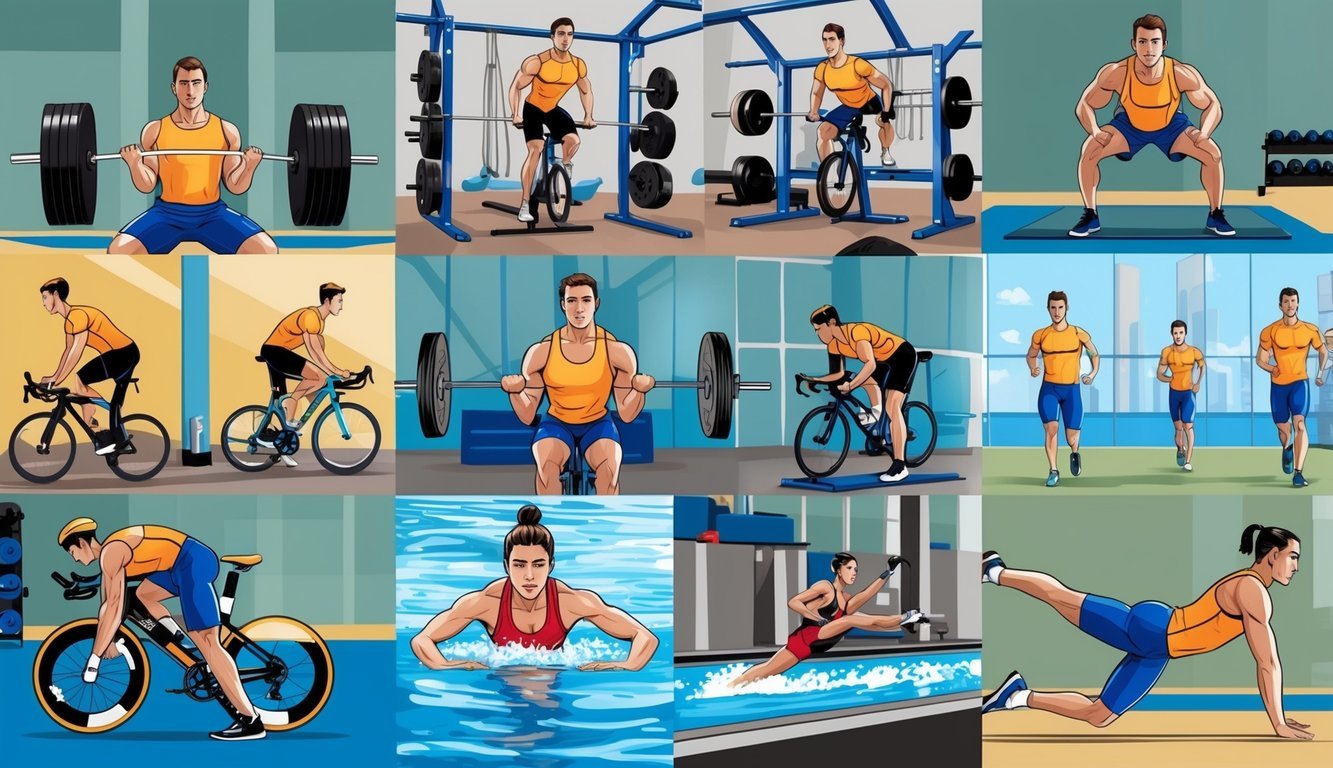 Athletes performing various cross-training activities in a gym, including weightlifting, cycling, swimming, and agility drills