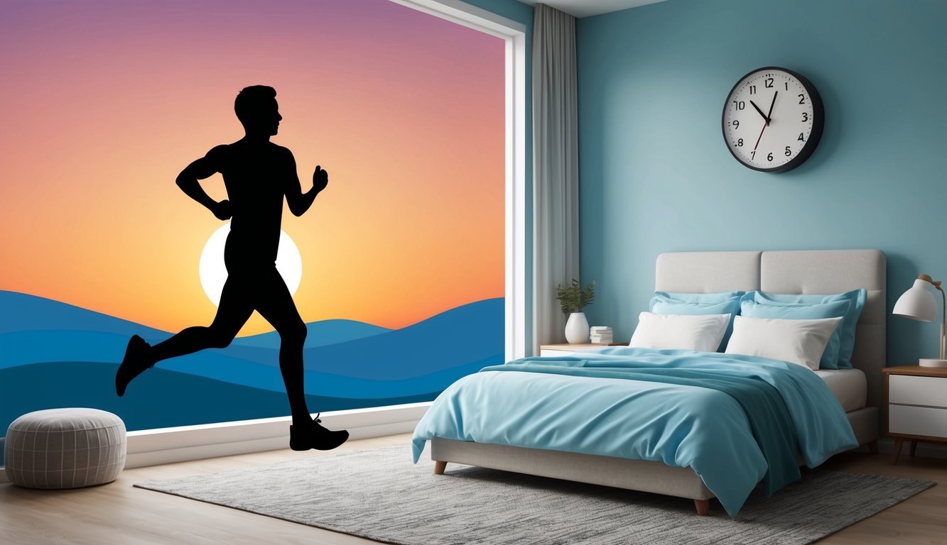 A runner's silhouette against a sunset, surrounded by a peaceful, organized bedroom with a clock showing consistent sleep times