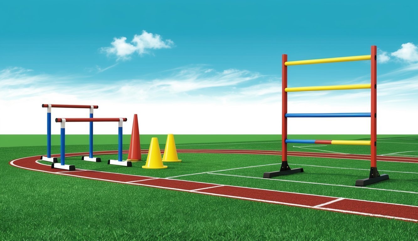 A track with hurdles, cones, and agility ladder set up on a grass field under a bright blue sky