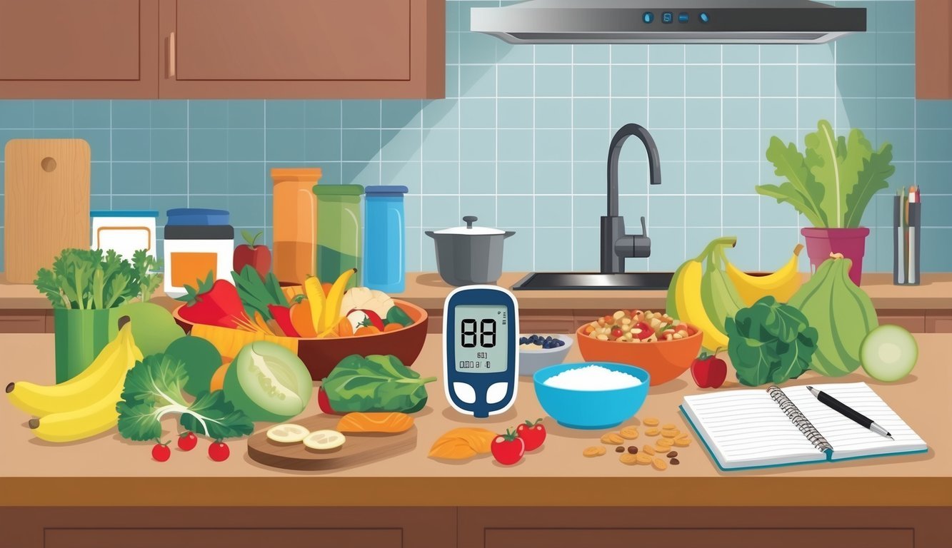 A kitchen counter with a variety of healthy foods, a blood sugar monitor, and a notebook for tracking carb intake