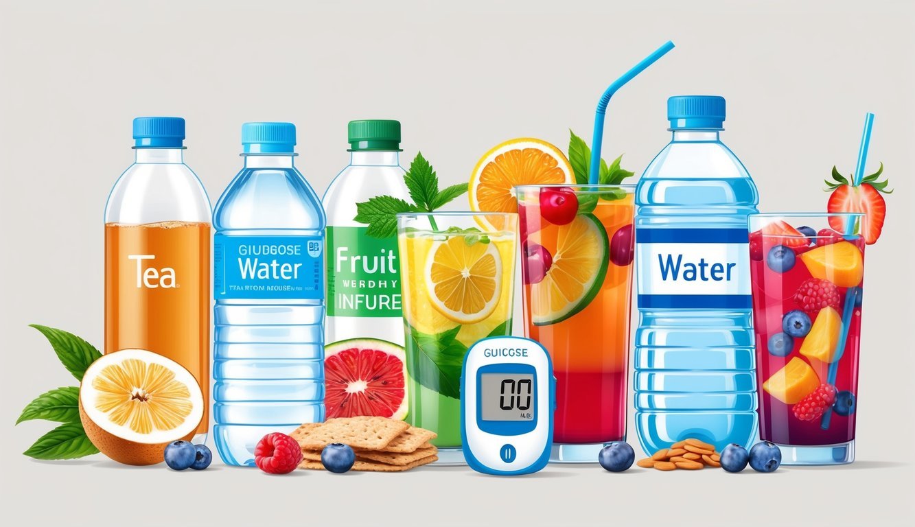 A variety of beverages, such as water, tea, and fruit-infused drinks, are displayed next to a glucose meter and healthy snacks