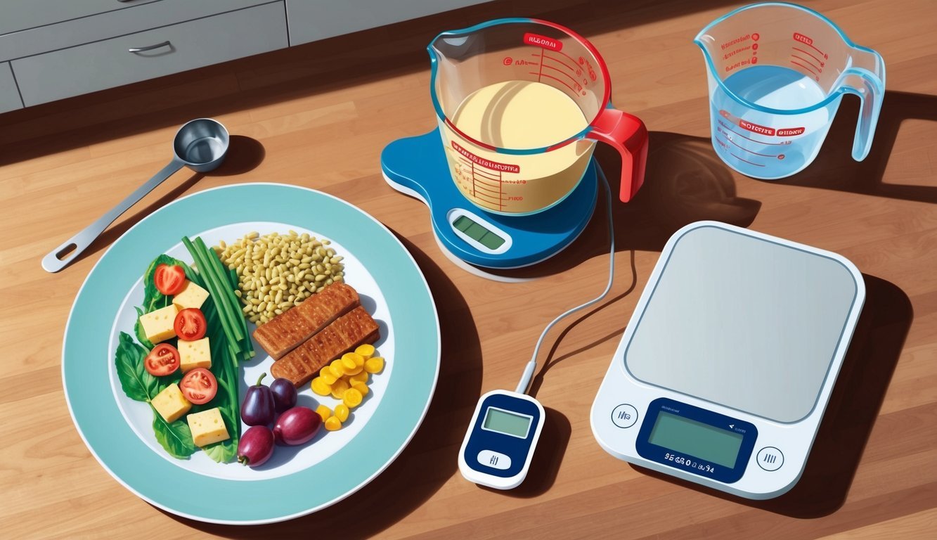 A plate with measured food portions, a measuring cup, a food scale, and a blood sugar monitor on a kitchen counter