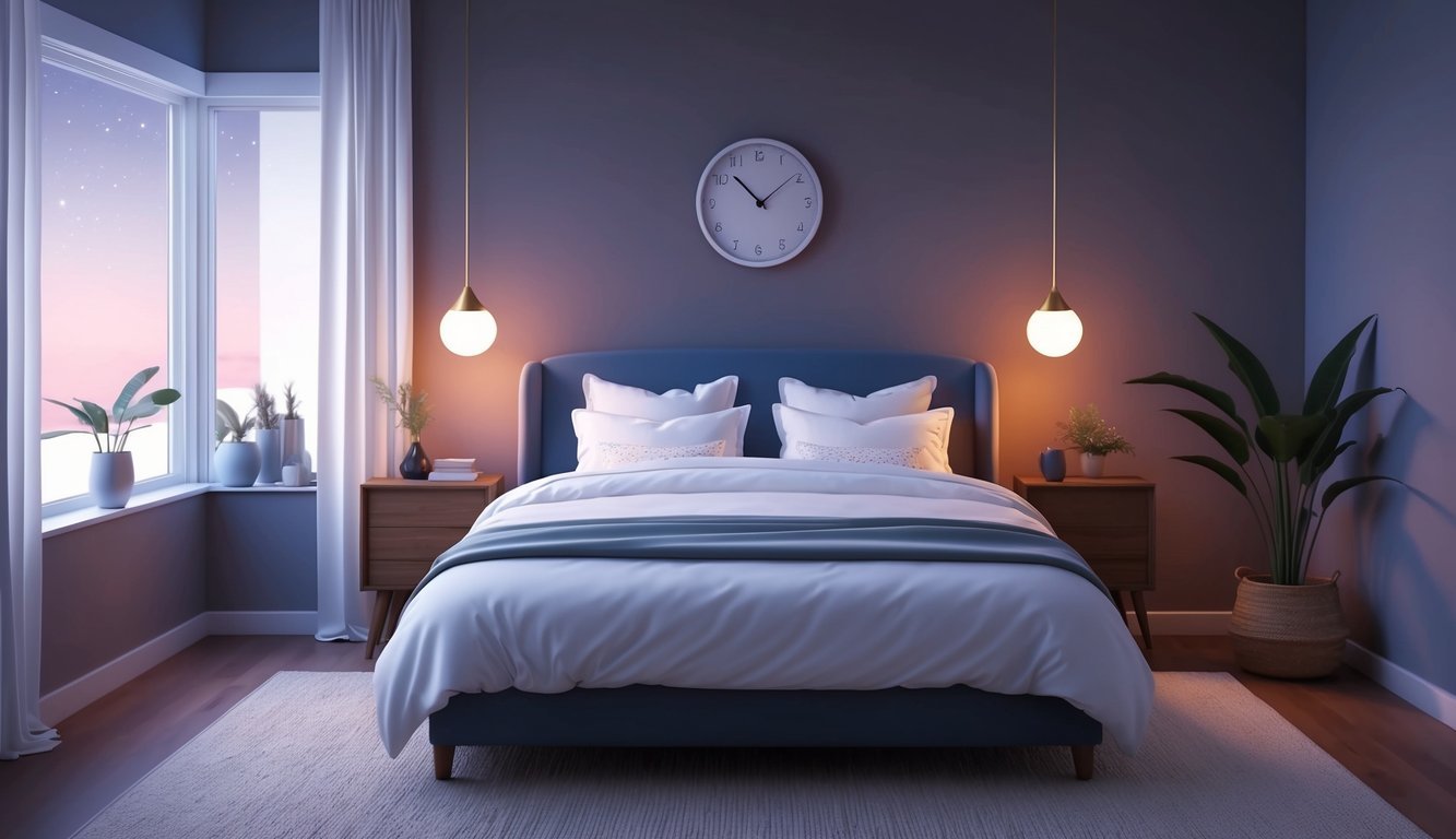 A serene bedroom with a cozy bed, dim lighting, and a clock showing a reasonable bedtime hour