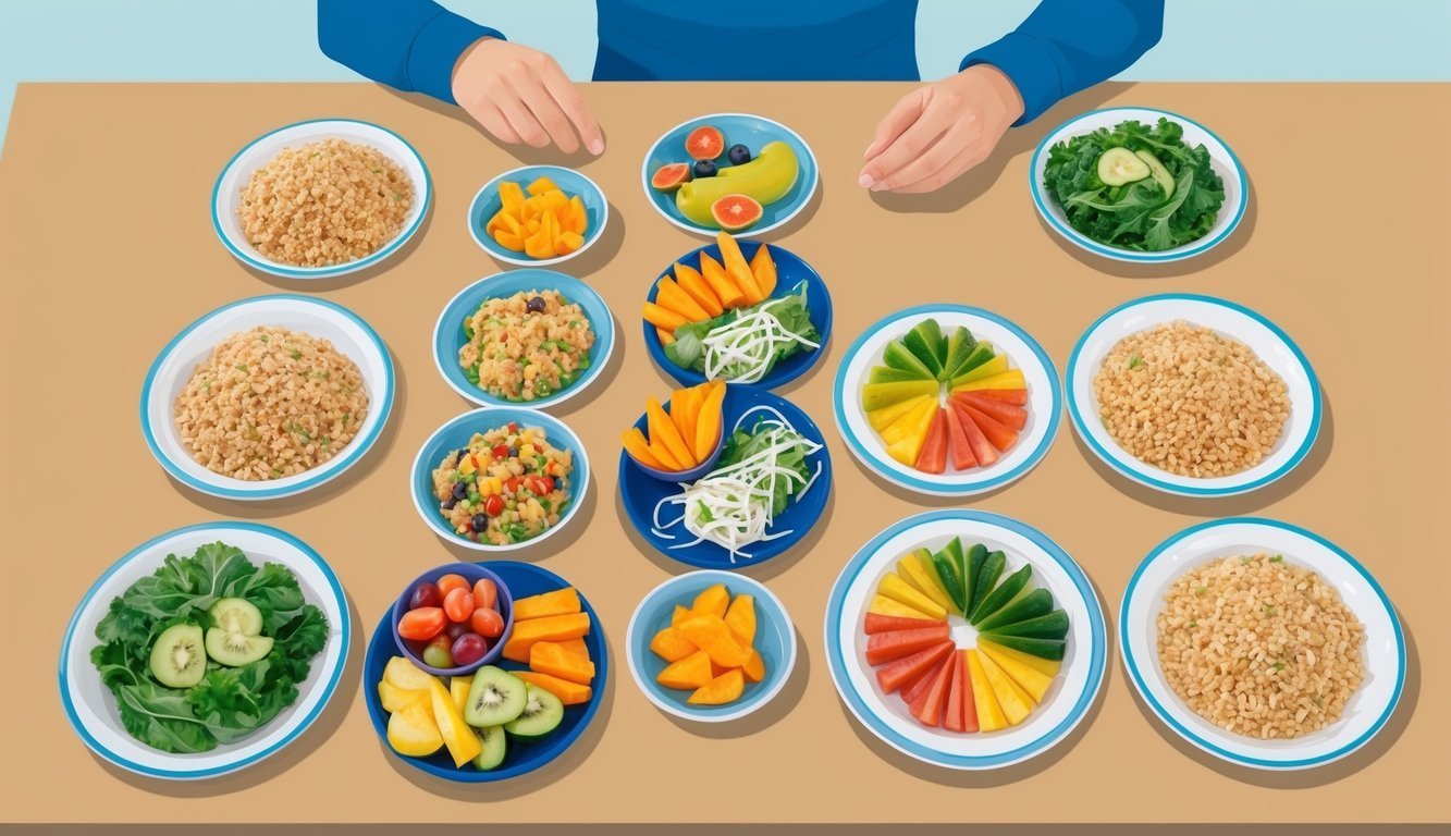 A table with various small, colorful meals spread out in front of a person.</p><p>The meals consist of fruits, vegetables, and whole grains, all arranged in small portions