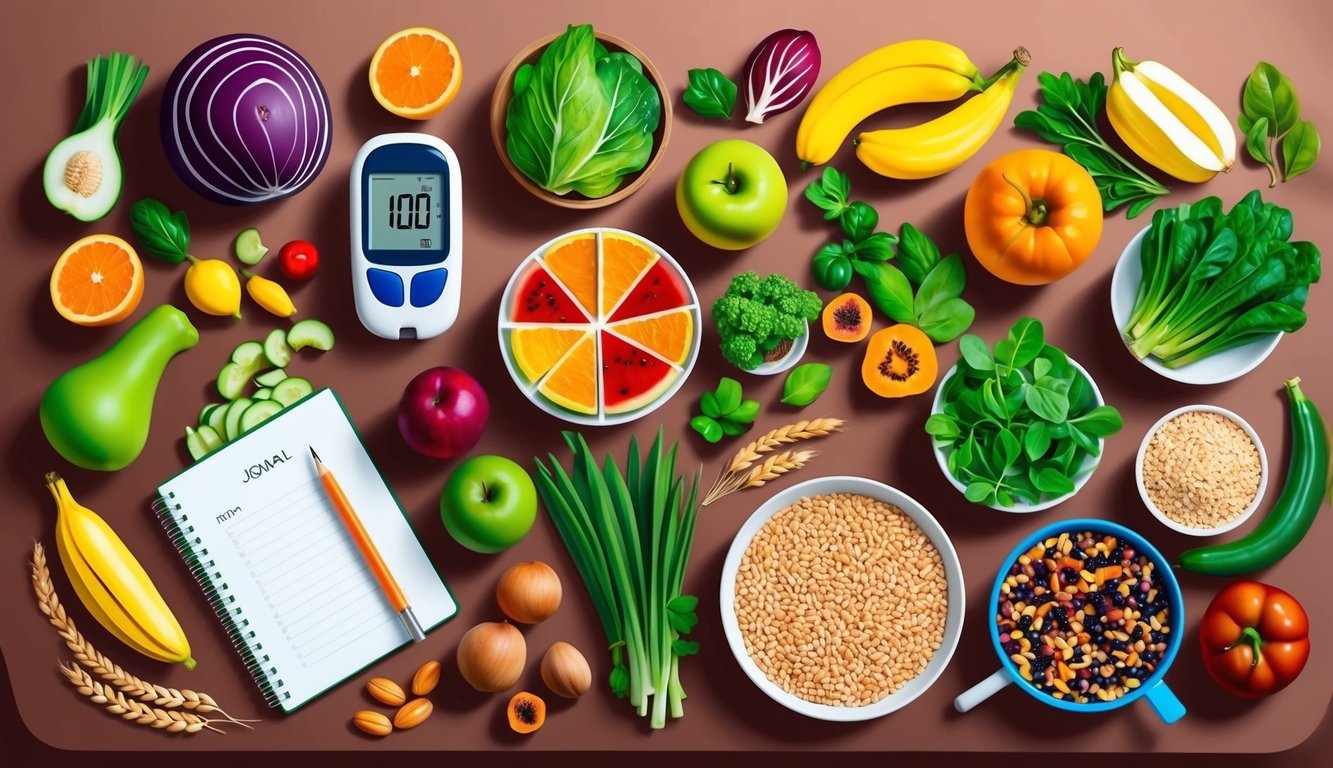 A table with a variety of colorful fruits, vegetables, and whole grains, alongside a blood glucose monitor and a journal for tracking levels