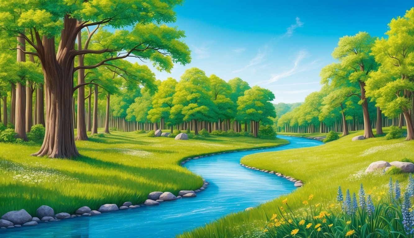 A serene forest with a winding river, surrounded by vibrant green trees and blooming wildflowers, with a clear blue sky overhead