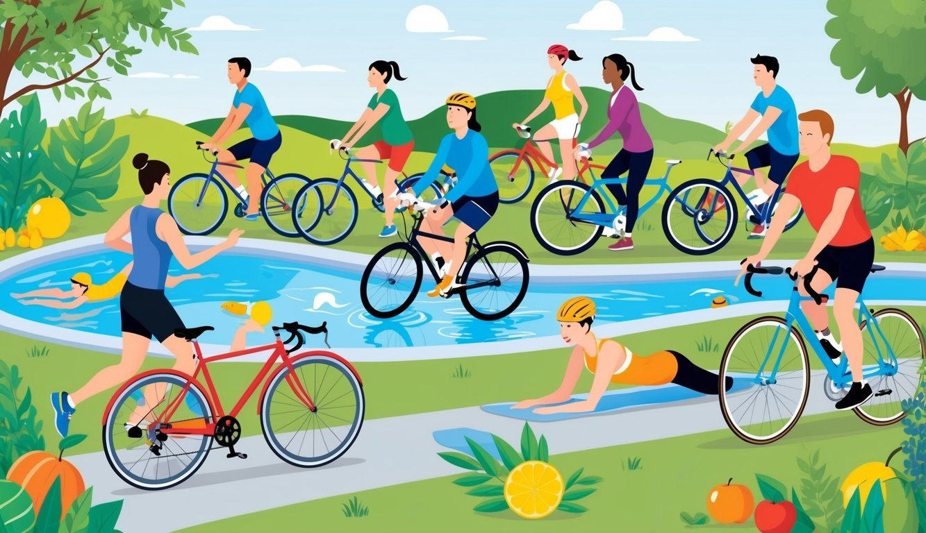 A vibrant scene of people engaging in various physical activities such as walking, cycling, and swimming, surrounded by a backdrop of nature and healthy lifestyle elements