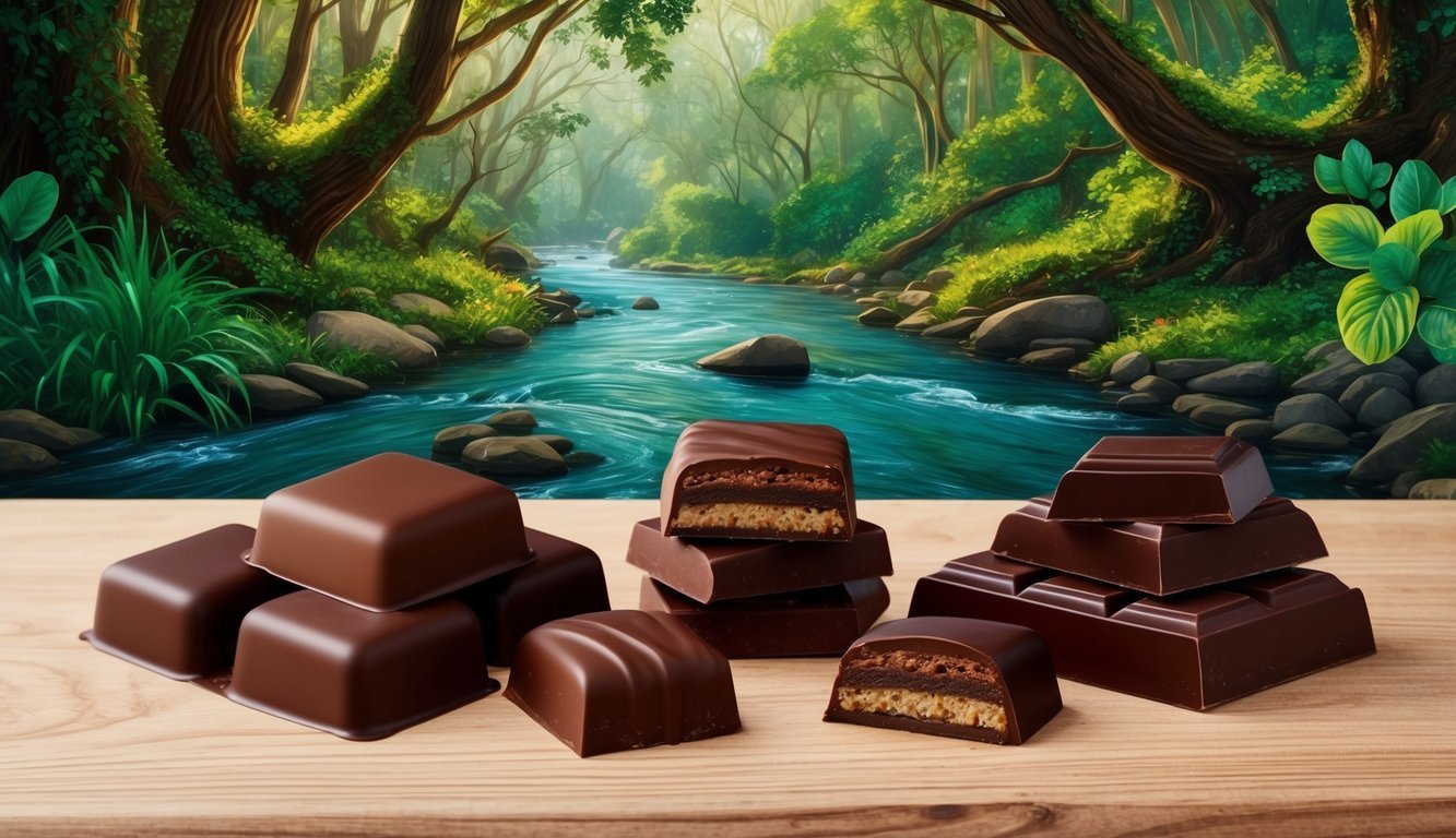 A serene forest with a flowing river, surrounded by vibrant greenery and a variety of dark chocolate treats placed on a wooden table