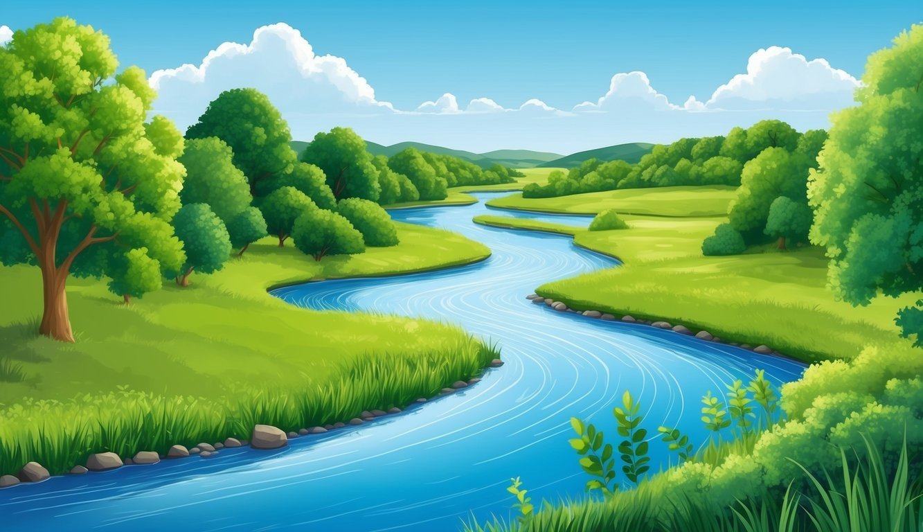 A serene nature scene with a winding river, lush greenery, and a clear blue sky, depicting a peaceful and stress-free environment