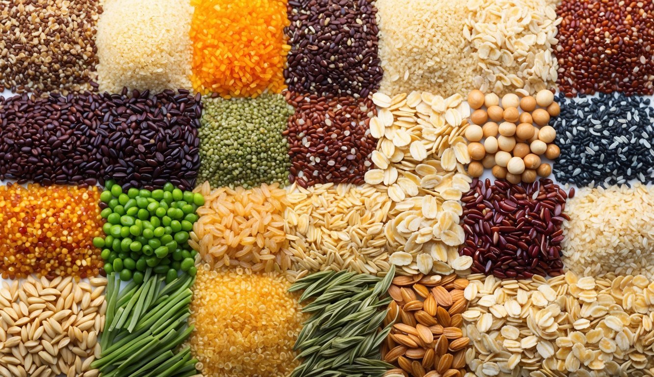 A colorful assortment of whole grains, such as quinoa, brown rice, and oats, arranged in a visually appealing pattern