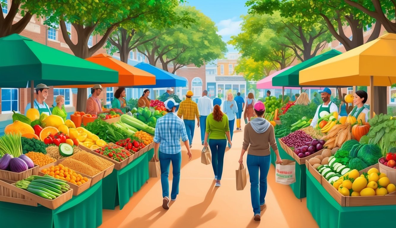 A vibrant farmers market with fresh fruits, vegetables, and whole grains displayed on colorful stands, surrounded by people walking and enjoying the healthy options