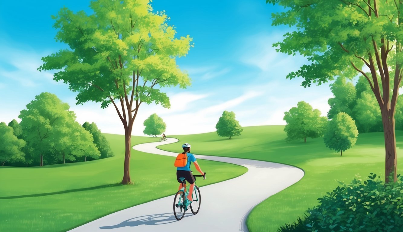 A serene outdoor scene with a clear blue sky, lush greenery, and a winding path, with a person engaging in a healthy activity such as walking or cycling