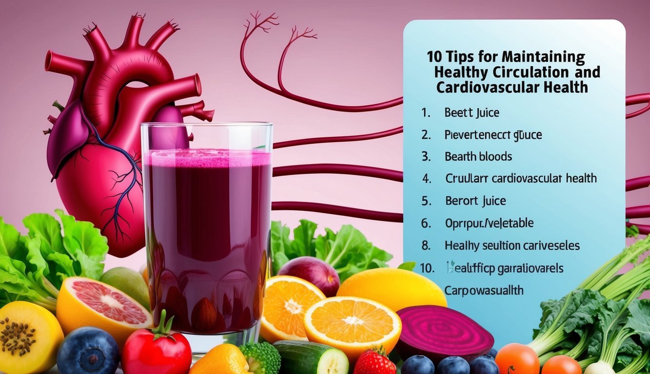 A glass of beet juice surrounded by various fruits and vegetables, with a heart and blood vessels in the background, and a list of "10 Tips for Maintaining Healthy Circulation and Cardiovascular Health" displayed beside it