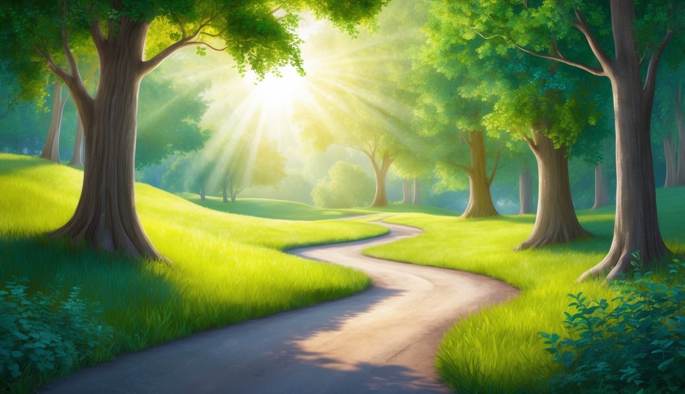 A serene landscape with a winding path leading through a lush forest, with sunlight streaming through the trees and a peaceful atmosphere