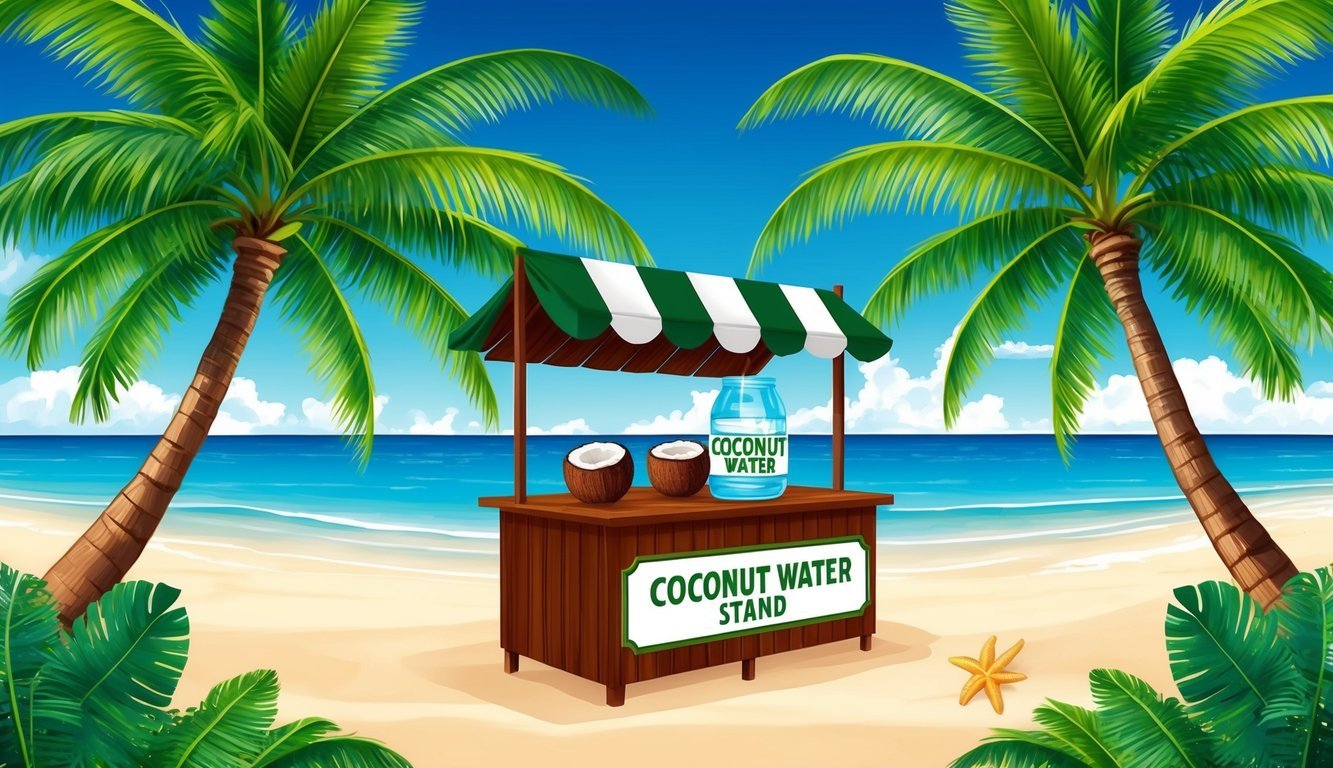 A tropical beach setting with a coconut water stand surrounded by lush green palm trees and a clear blue sky