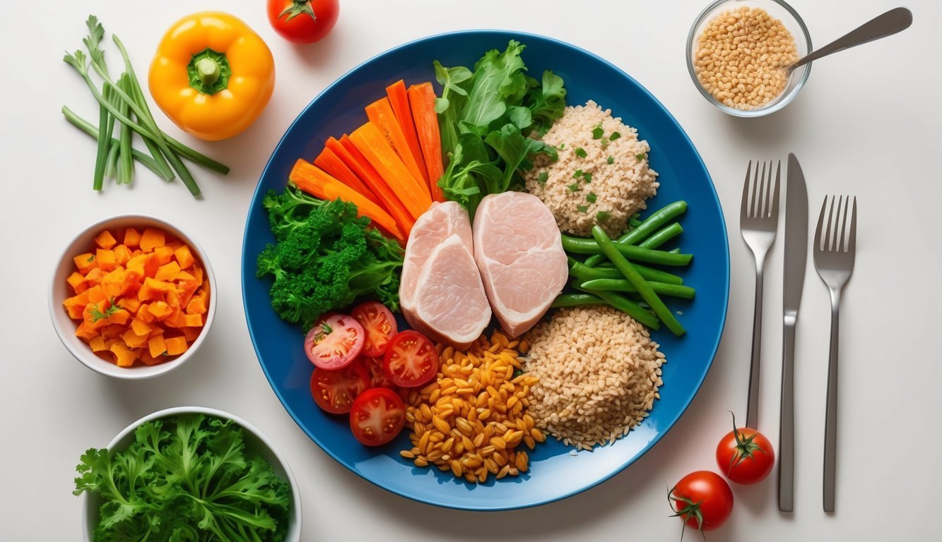 A plate with a variety of lean proteins, whole grains, and colorful vegetables arranged in a balanced and visually appealing manner