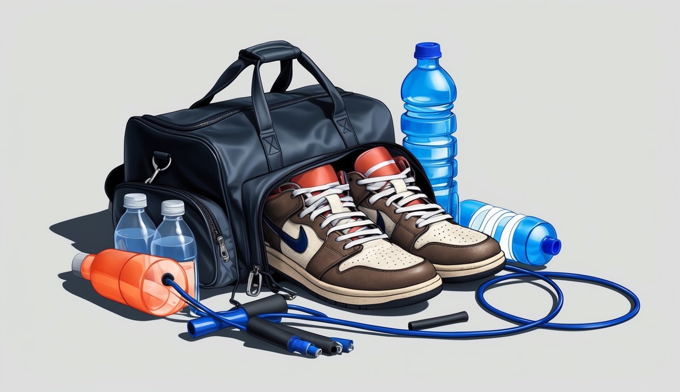 A cluttered gym bag with worn-out sneakers, empty water bottles, and a tangled jump rope