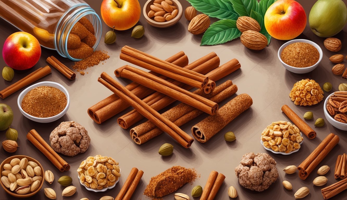 A table spread with various cinnamon snacks, surrounded by natural ingredients like fruits and nuts