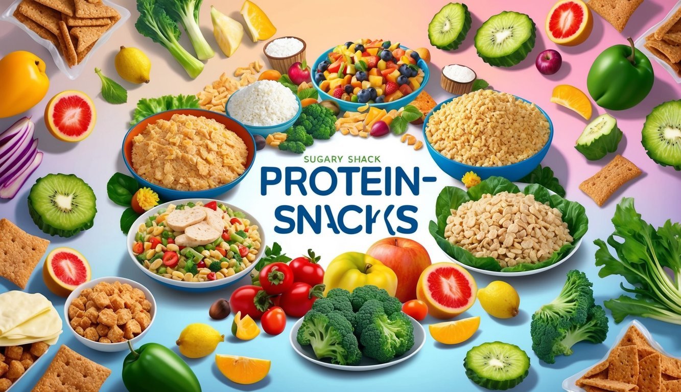 A variety of protein-rich foods surrounded by colorful fruits and vegetables, with a background of sugary snacks being pushed away