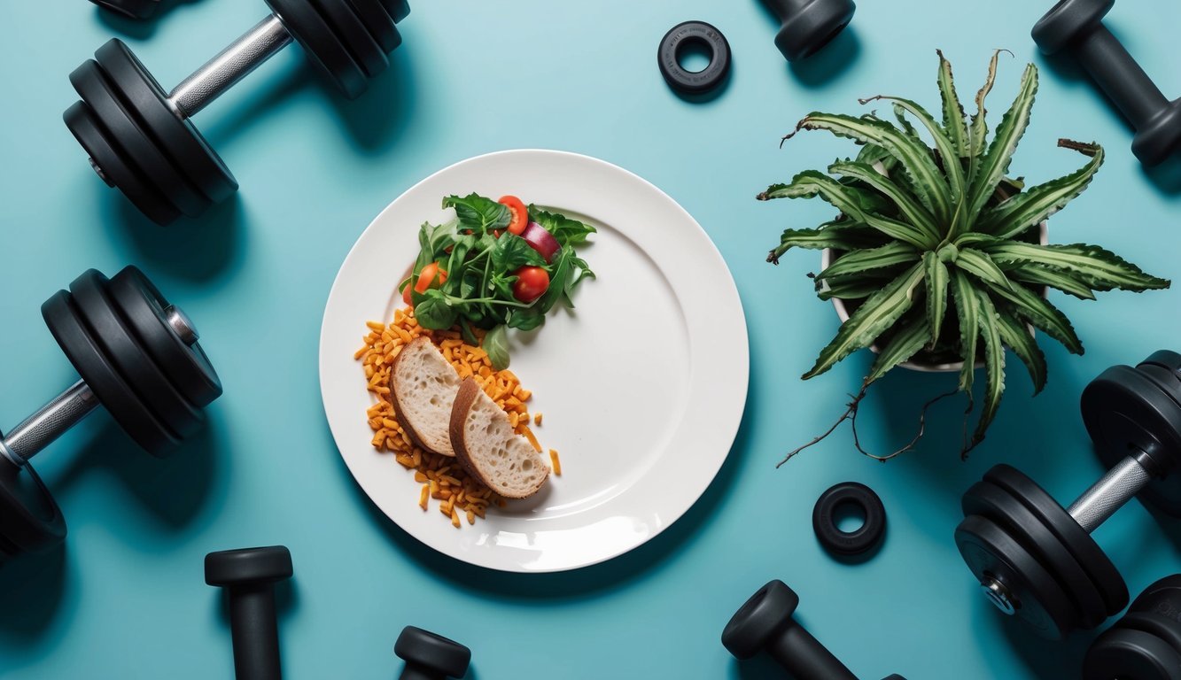 A plate of untouched food surrounded by scattered workout equipment and a tired, drooping plant