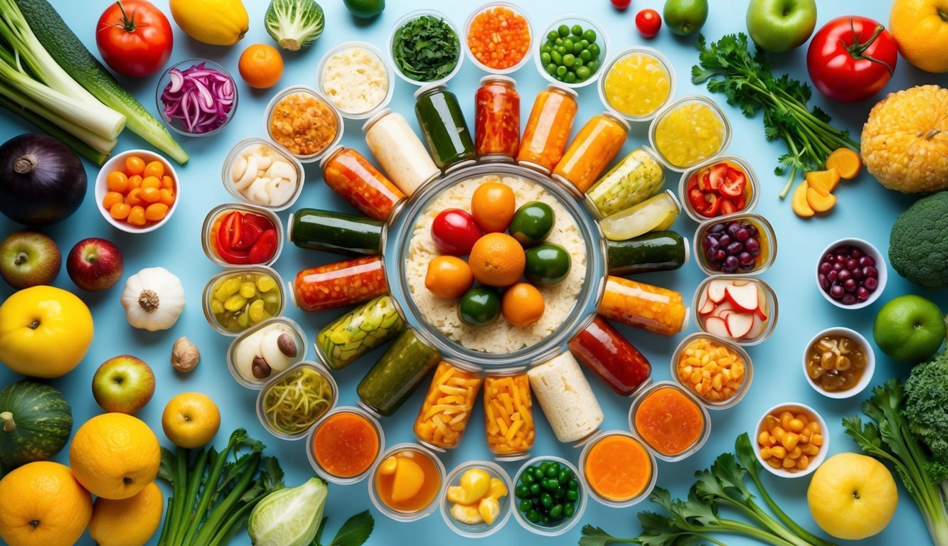 A colorful array of fermented foods arranged in a circular pattern, surrounded by various fruits and vegetables.</p><p>A bright, inviting scene with a variety of textures and colors