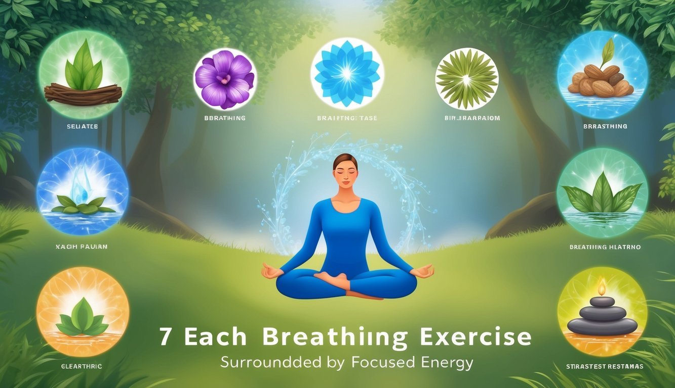 A serene setting with 7 different natural elements representing each breathing exercise, surrounded by calm and focused energy