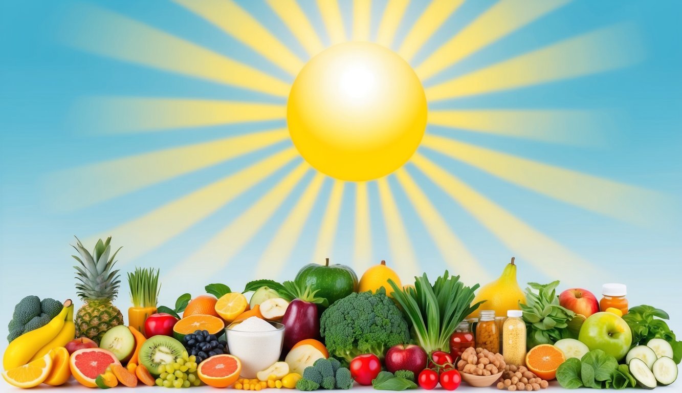 A bright sun shining down on a variety of fruits, vegetables, and supplements, all rich in essential vitamins and minerals for fitness performance