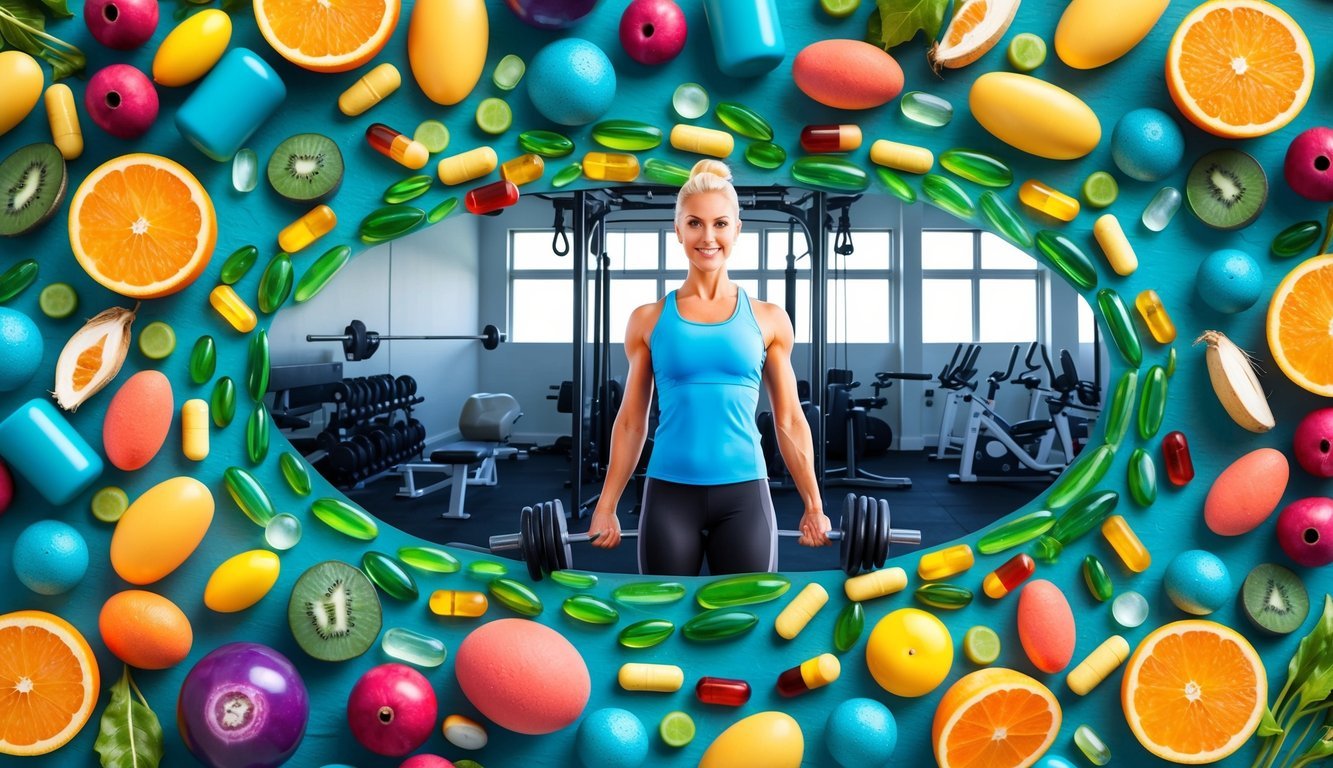 A vibrant illustration of various vitamins and minerals, including magnesium, surrounding a fitness performance setting with weights and exercise equipment